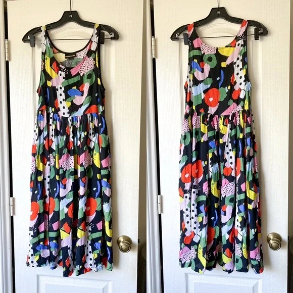 Nooworks Naomi Dress Party Print Rayon Midi Multicolor Small EUC - Picture 2 of 9